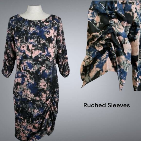 Kenneth Cole Abstract Print Ruched Sheath Dress NWT 3/4 Sleeves Blue Pink Sz L - Picture 12 of 13